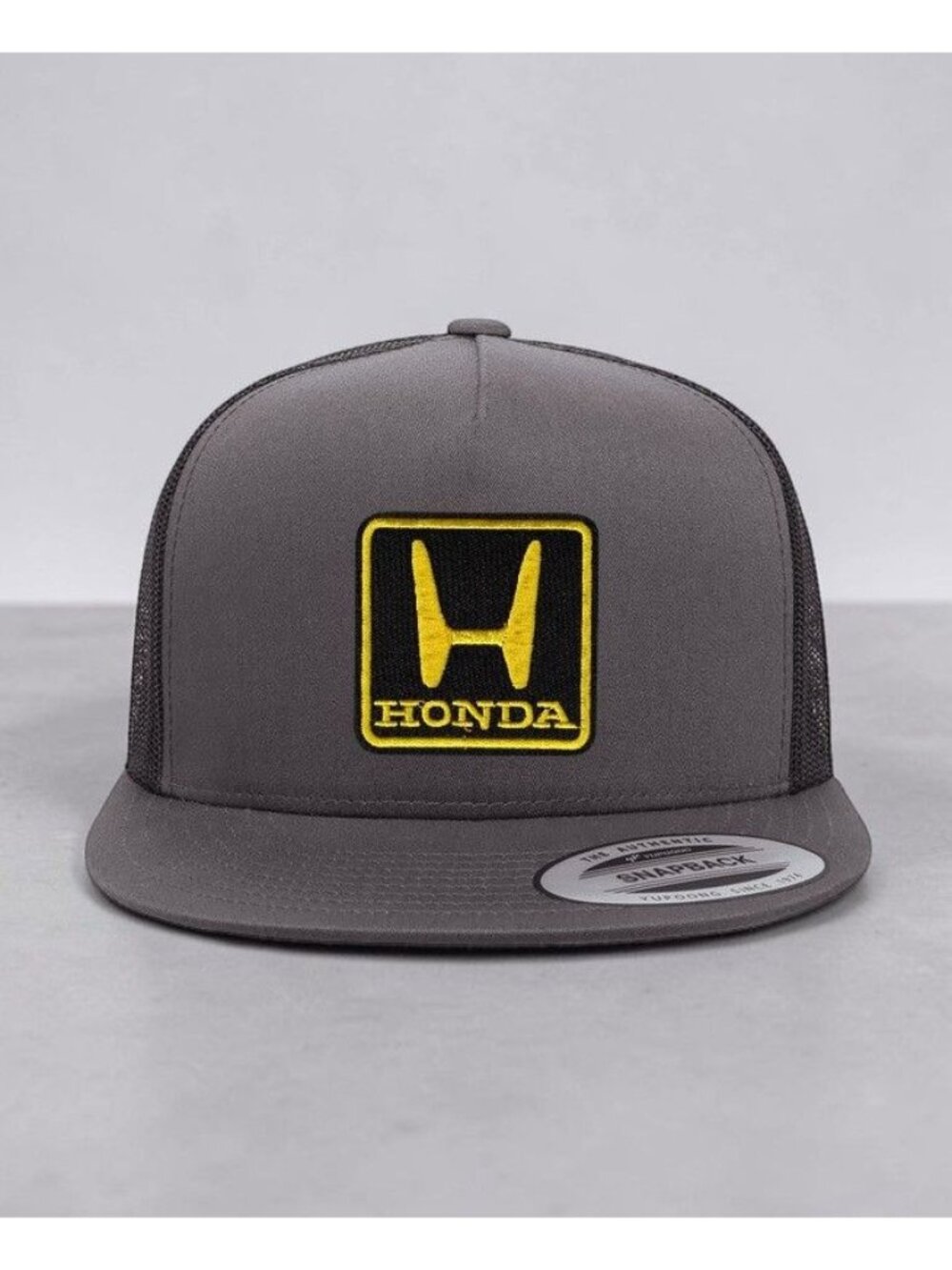 Honda Automotive Gold Logo Patch on YP Flat Bill Trucker Hat Mesh Back Snapback